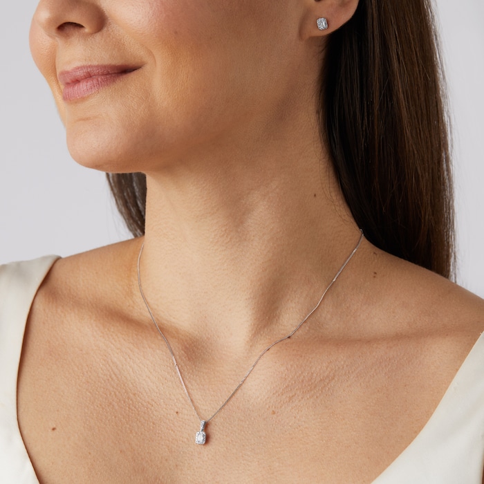 Goldsmiths 9ct White Gold 0.28cttw Emerald Cut Diamond Halo Pendant