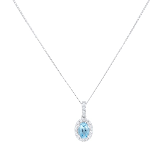 Goldsmiths 9ct White Gold Oval Blue Topaz and 0.10cttw Diamond Halo Pendant