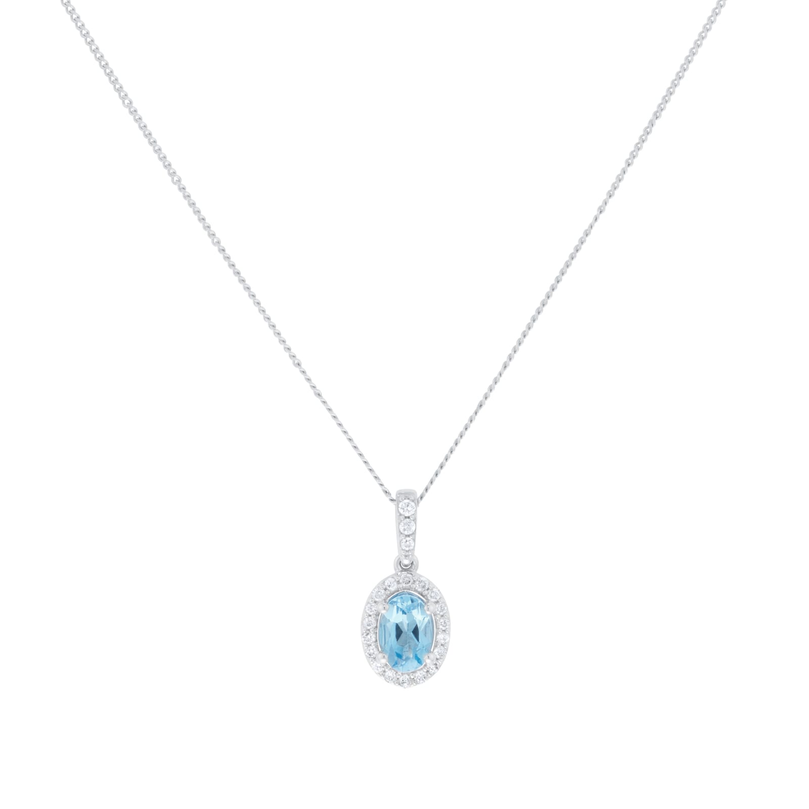 Goldsmiths 9ct White Gold Oval Blue Topaz and 0.10cttw Diamond Halo Pendant