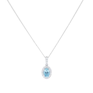 Goldsmiths 9ct White Gold Oval Blue Topaz and 0.10cttw Diamond Halo Pendant