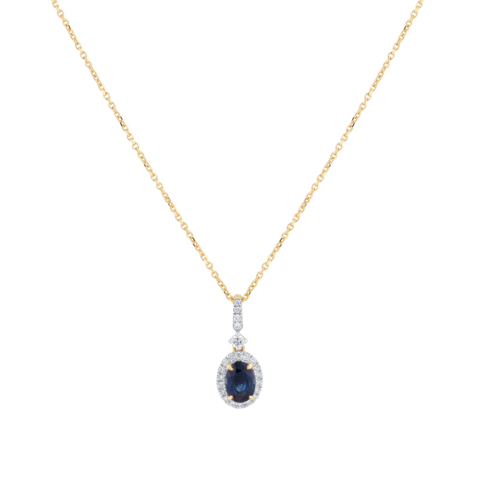Goldsmiths 18ct Yellow Gold Oval Cut Sapphire and Diamond Halo Pendant