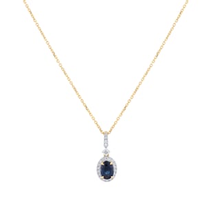 Goldsmiths 18ct Yellow Gold Oval Cut Sapphire and Diamond Halo Pendant