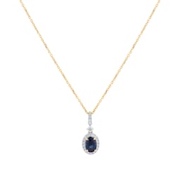 12143745 - 18ct Yellow Gold Oval Cut Sapphire and Diamond Halo Pendant