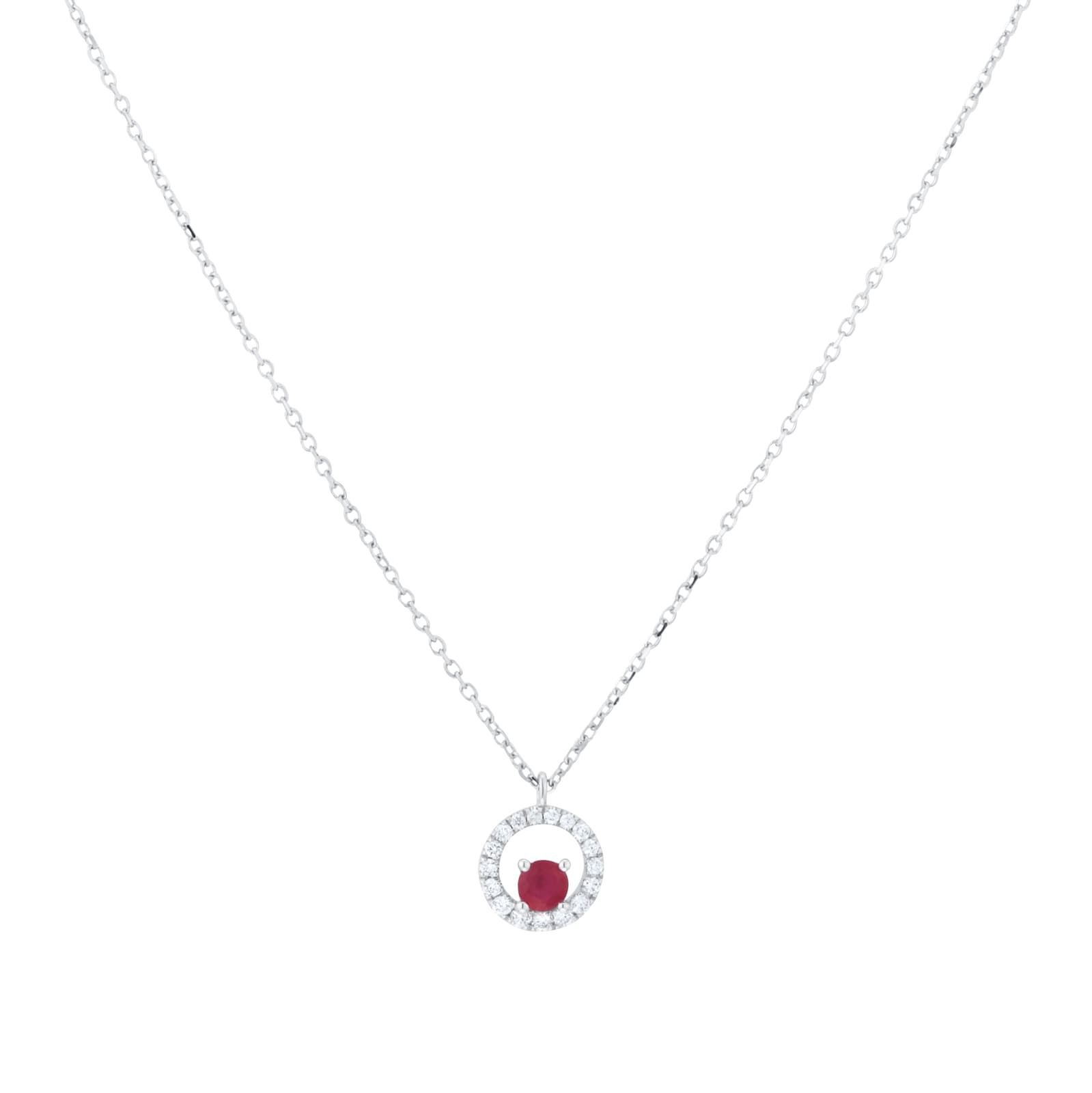 Goldsmiths 9ct White Gold Brilliant Cut Ruby and Diamond Halo Pendant