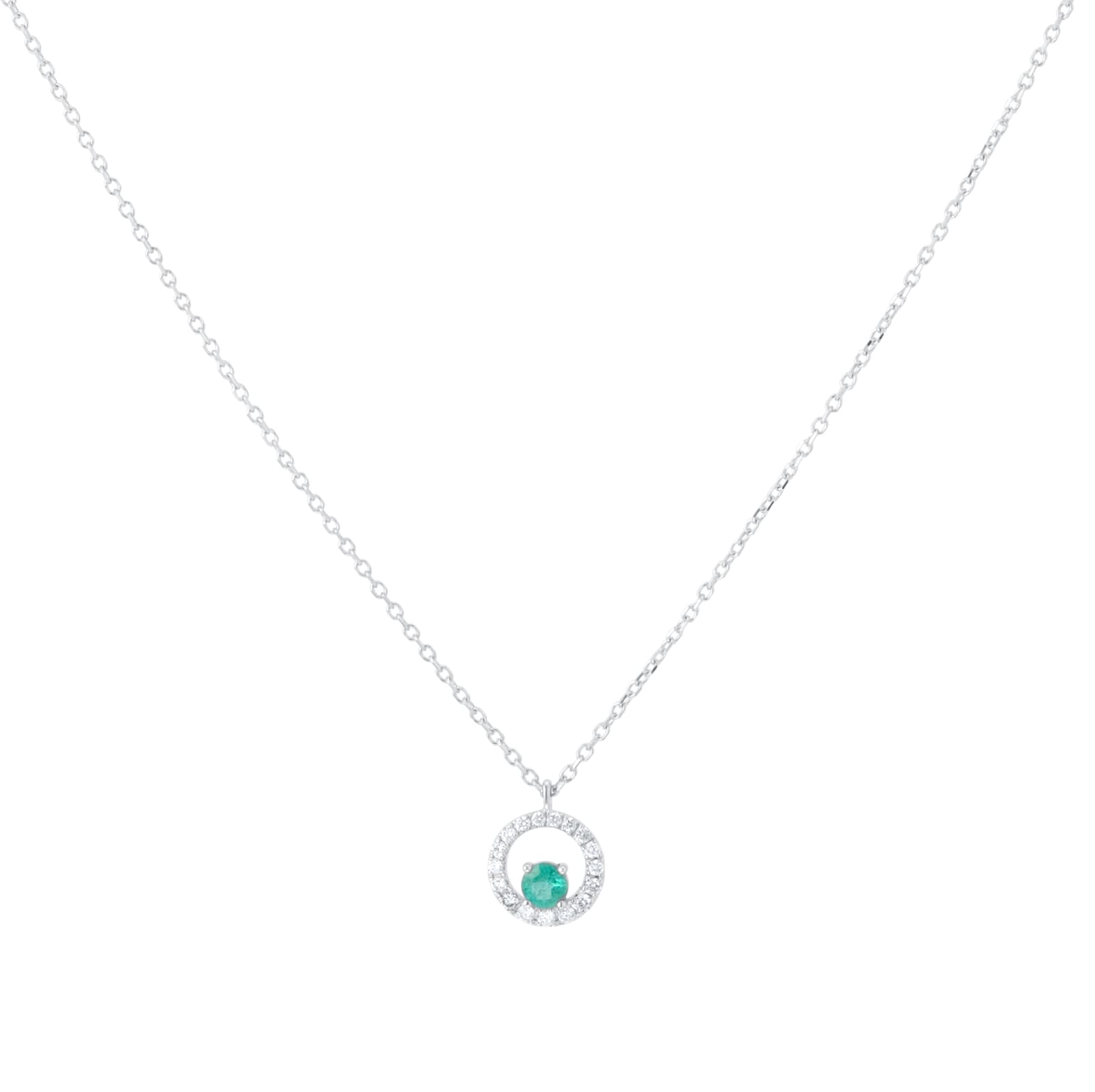 Goldsmiths 9ct White Gold Brilliant Cut Emerald and Diamond Halo Pendant Goldsmiths 9ct White Gold Brilliant Cut Emerald and Diamond Halo Pendant