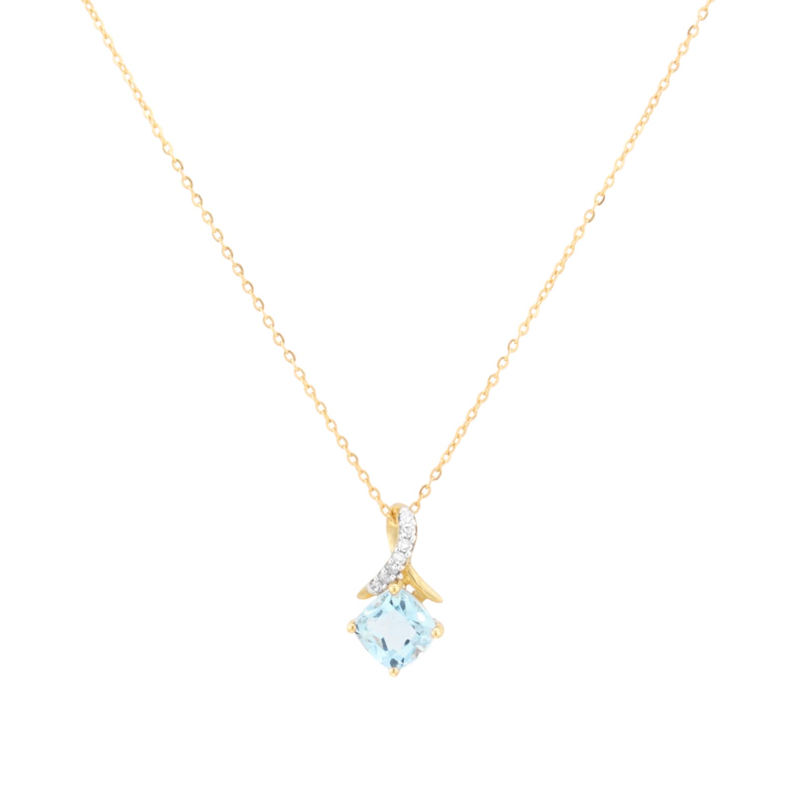 Goldsmiths 9ct Yellow Gold Cushion Cut Blue Topaz and Diamond Pendant