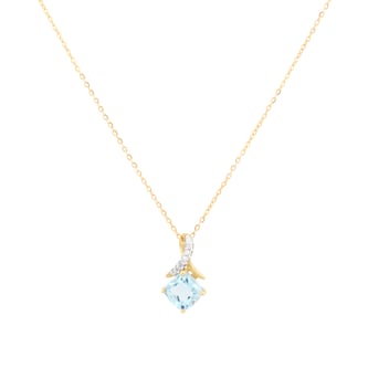 Goldsmiths 9ct Yellow Gold Cushion Cut Blue Topaz and Diamond Pendant