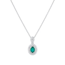 12143821 - 18ct White Gold 0.34cttw Diamond & 0.46cttw Oval Cut Emerald Pendant
