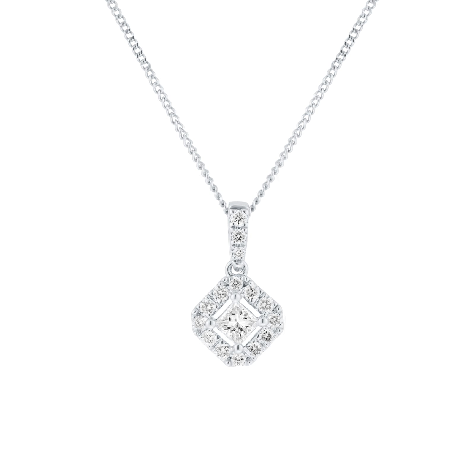 Goldsmiths 9ct White Gold 0.25cttw Princess Cut Diamond Halo Pendant Goldsmiths 9ct White Gold 0.25cttw Princess Cut Diamond Halo Pendant