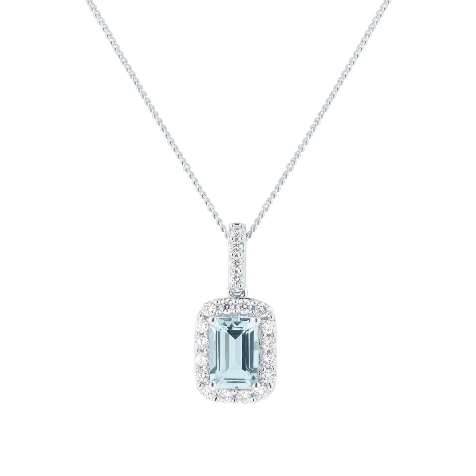 Goldsmiths 9ct White Gold 0.15cttw Diamond and Emerald Cut Aquamarine Halo Pendant Goldsmiths 9ct White Gold 0.15cttw Diamond and Emerald Cut Aquamarine Halo Pendant