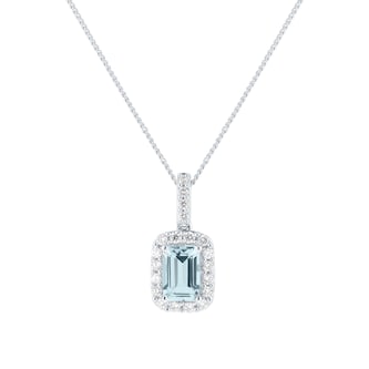 Goldsmiths 9ct White Gold 0.15cttw Diamond and Emerald Cut Aquamarine Halo Pendant Goldsmiths 9ct White Gold 0.15cttw Diamond and Emerald Cut Aquamarine Halo Pendant