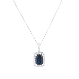 Mappin & Webb 18ct White Gold Emerald Cut Sapphire & 0.18cttw Diamond Halo Pendant Mappin & Webb 18ct White Gold Emerald Cut Sapphire & 0.18cttw Diamond Halo Pendant
