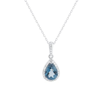 Goldsmiths 9ct White Gold Pear Cut London Blue Topaz and Diamond Pendant