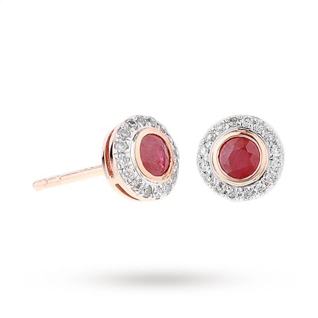 Goldsmiths 9ct Rose Gold Ruby and Diamond Halo Stud Earrings