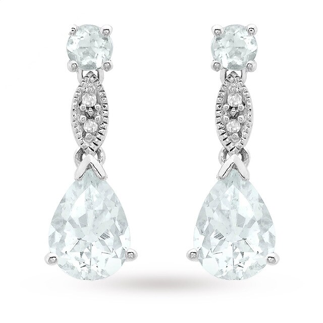 Goldsmiths 9ct White Gold Diamond and Aquamarine Drop Earrings