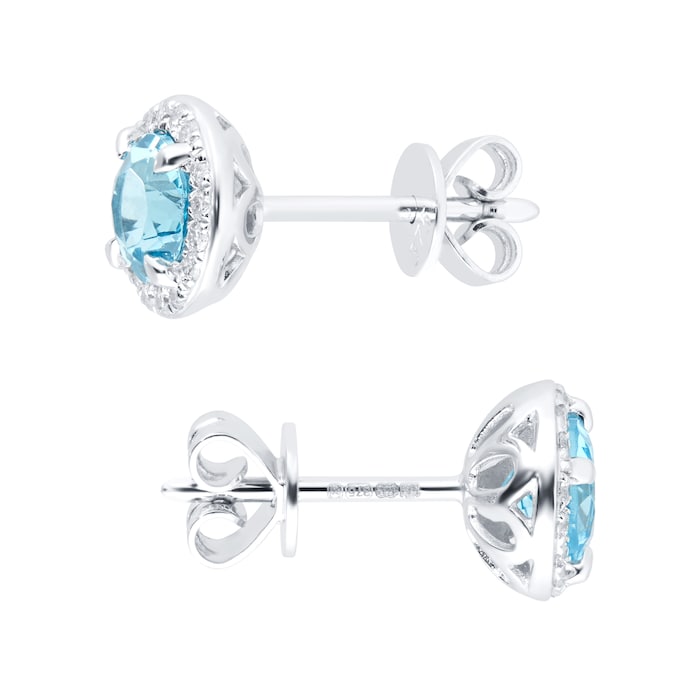 Goldsmiths 9ct White Gold Blue Topaz and Diamond Halo Stud Earrings