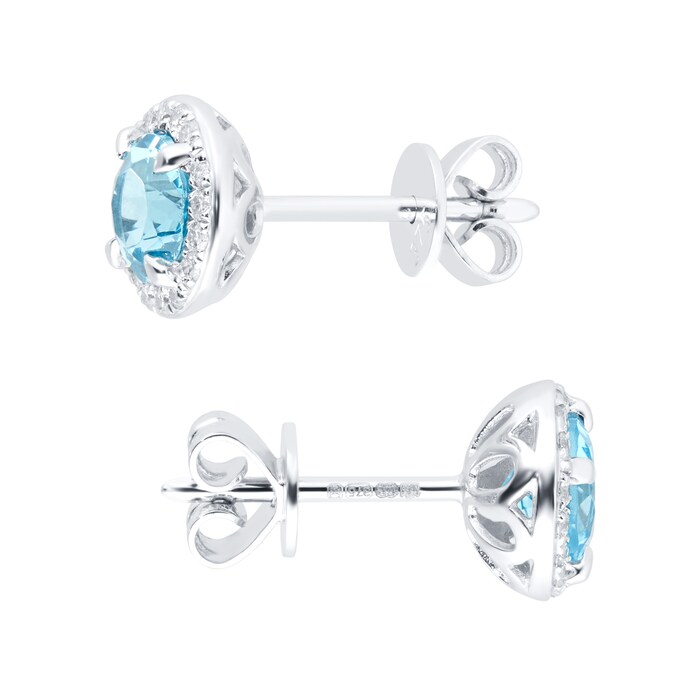 Goldsmiths 9ct White Gold Blue Topaz and Diamond Halo Stud Earrings