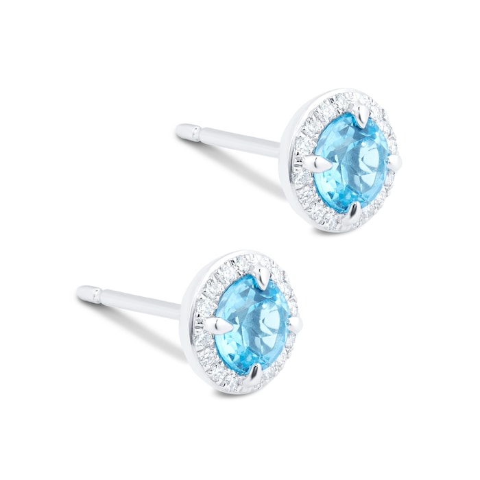 Goldsmiths 9ct White Gold Blue Topaz and Diamond Halo Stud Earrings