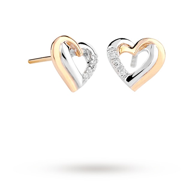 Goldsmiths 9ct White And Yellow Gold 0.03ct Diamond Heart Stud Earrings