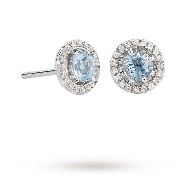 Goldsmiths 9ct White Gold 4x4mm Aquamarine and 0.12cttw Diamond Halo Stud Earrings