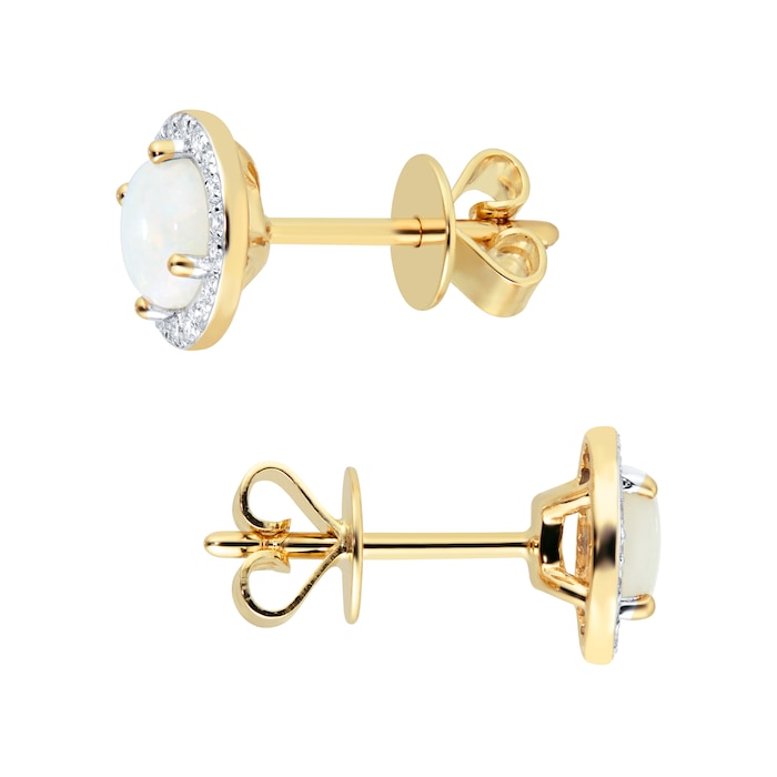 Goldsmiths 9ct Yellow Gold 5mm Opal And Diamond 0.14ct Halo Stud Earrings