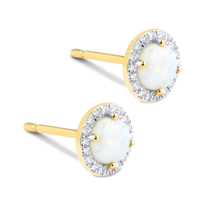 Goldsmiths 9ct Yellow Gold 5mm Opal And Diamond 0.14ct Halo Stud Earrings