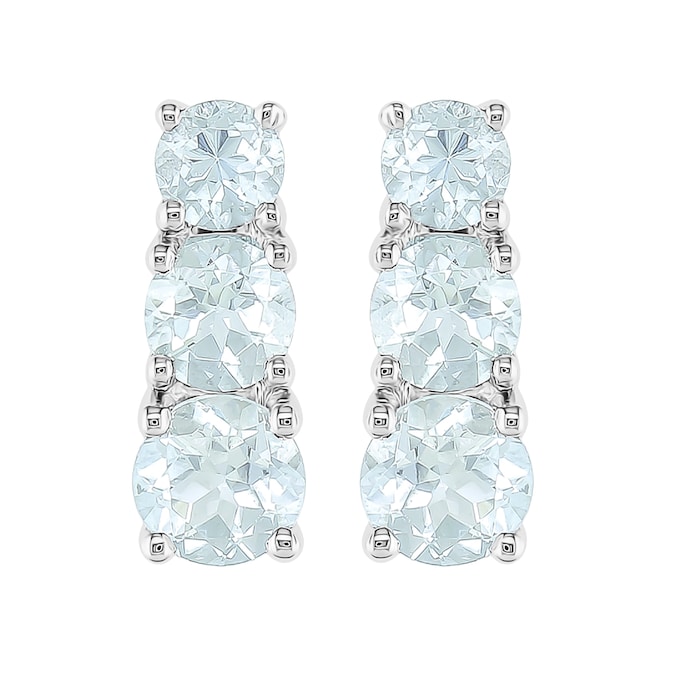 Goldsmiths 9ct White Gold Aquamarine 3 Stone Stud Earrings