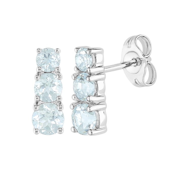 Goldsmiths 9ct White Gold Aquamarine 3 Stone Stud Earrings