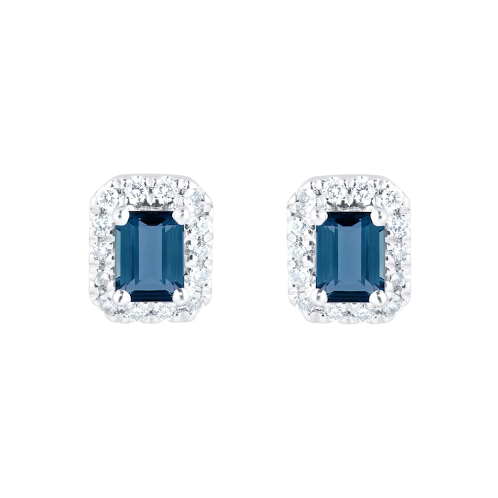 Goldsmiths 9ct White Gold Sapphire & Diamond Emerald Cut Halo Studs ...
