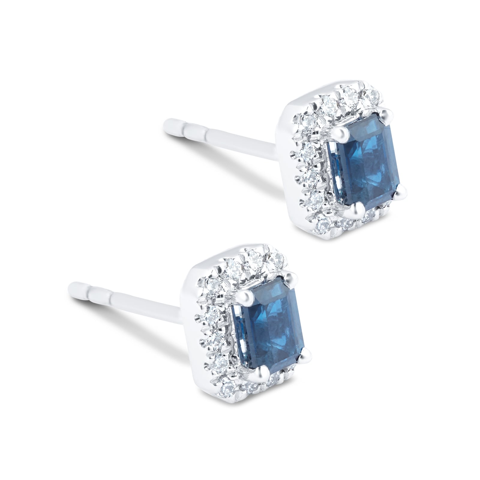 Goldsmiths 9ct White Gold Sapphire & Diamond Emerald Cut Halo Studs Goldsmiths 9ct White Gold Sapphire & Diamond Emerald Cut Halo Studs