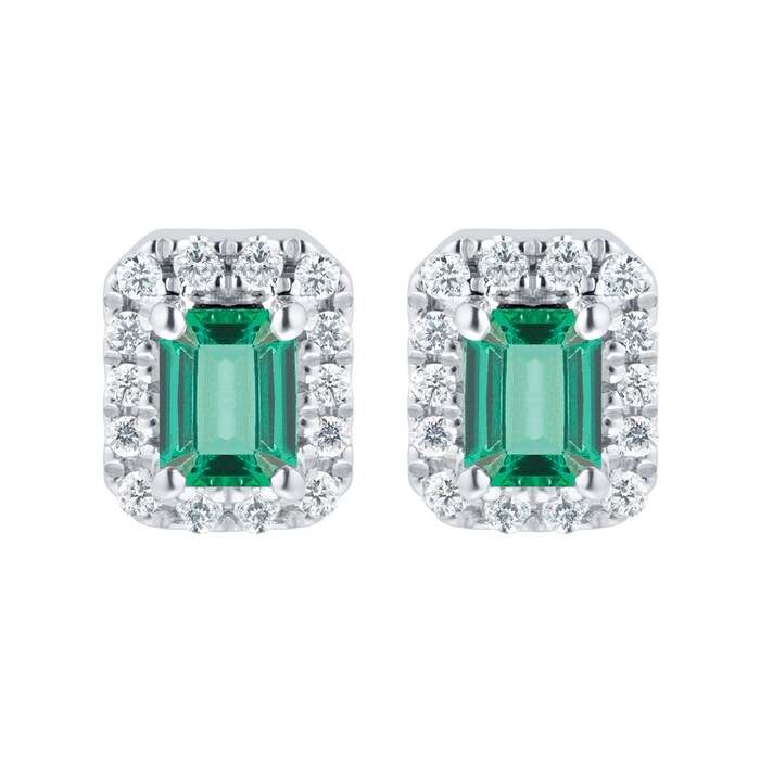 Goldsmiths 9ct White Gold Emerald  Cut Halo Stud Earrings