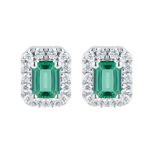 Goldsmiths 9ct White Gold Emerald  Cut Halo Stud Earrings