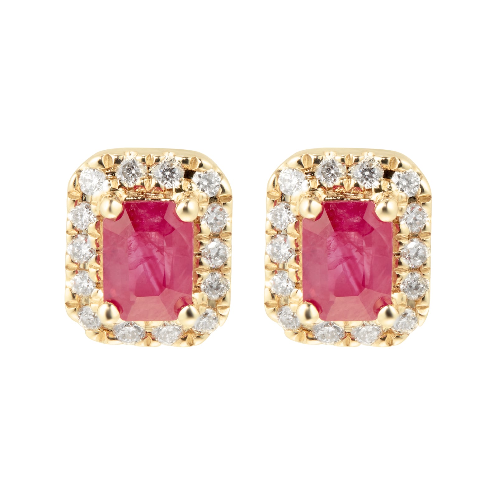Goldsmiths 9ct Yellow Gold Ruby & Diamond Emerald Cut Halo Studs