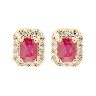 Goldsmiths 9ct Yellow Gold Ruby & Diamond Emerald Cut Halo Studs