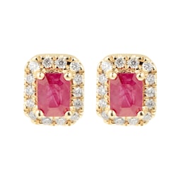 12152849 - 9ct Yellow Gold Ruby & Diamond Emerald Cut Halo Studs