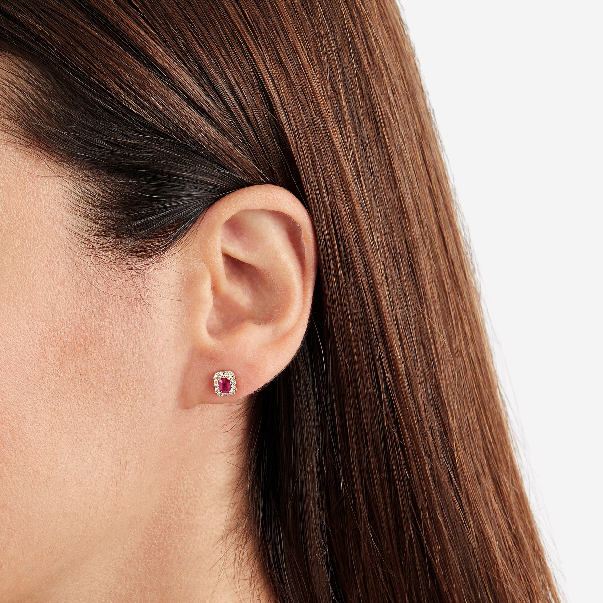 Goldsmiths 9ct Yellow Gold Ruby & Diamond Emerald Cut Halo Studs