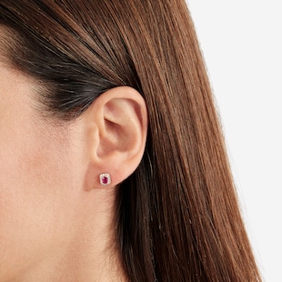 Goldsmiths 9ct Yellow Gold Ruby & Diamond Emerald Cut Halo Studs
