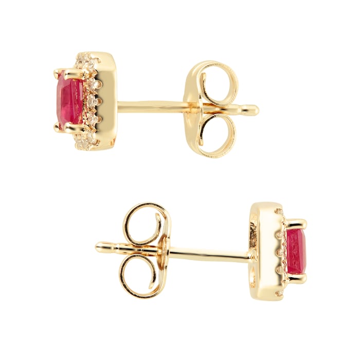 Goldsmiths 9ct Yellow Gold Ruby & Diamond Emerald Cut Halo Studs