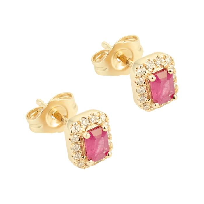 Goldsmiths 9ct Yellow Gold Ruby & Diamond Emerald Cut Halo Studs