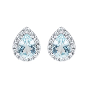 Goldsmiths 9ct White Gold Blue Topaz & Diamond Pear Halo Stud Earrings