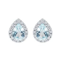 12152883 - 9ct White Gold Blue Topaz & Diamond Pear Halo Stud Earrings