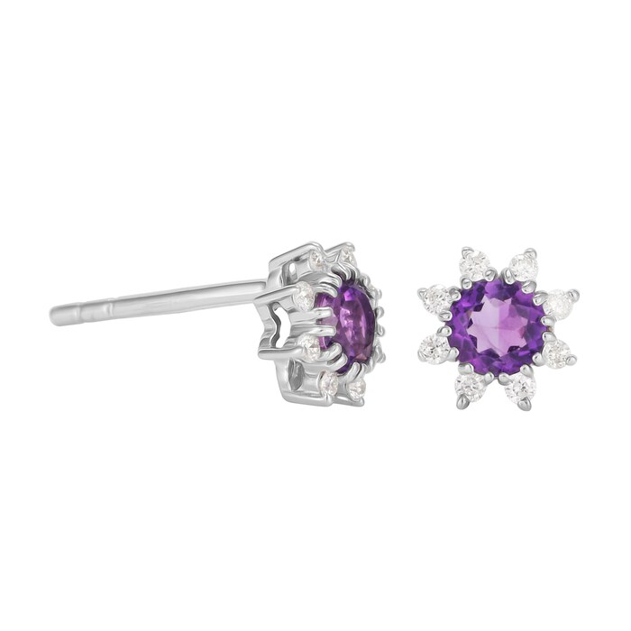 Goldsmiths 9ct White Gold Amethyst & Diamond Flower Stud Earrings