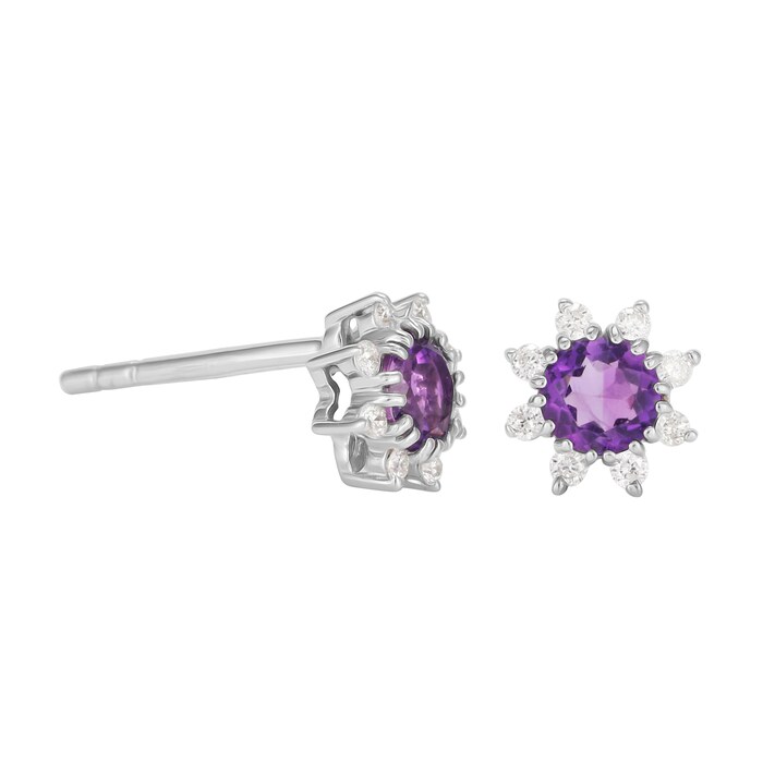 Goldsmiths 9ct White Gold Amethyst & Diamond  Flower Stud Earrings