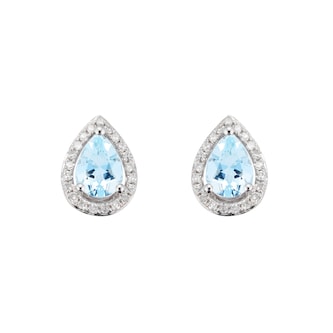 Goldsmiths 9ct White Gold Aquamarine & Diamond 0.13ct Pear Stud Earrings Goldsmiths 9ct White Gold Aquamarine & Diamond 0.13ct Pear Stud Earrings