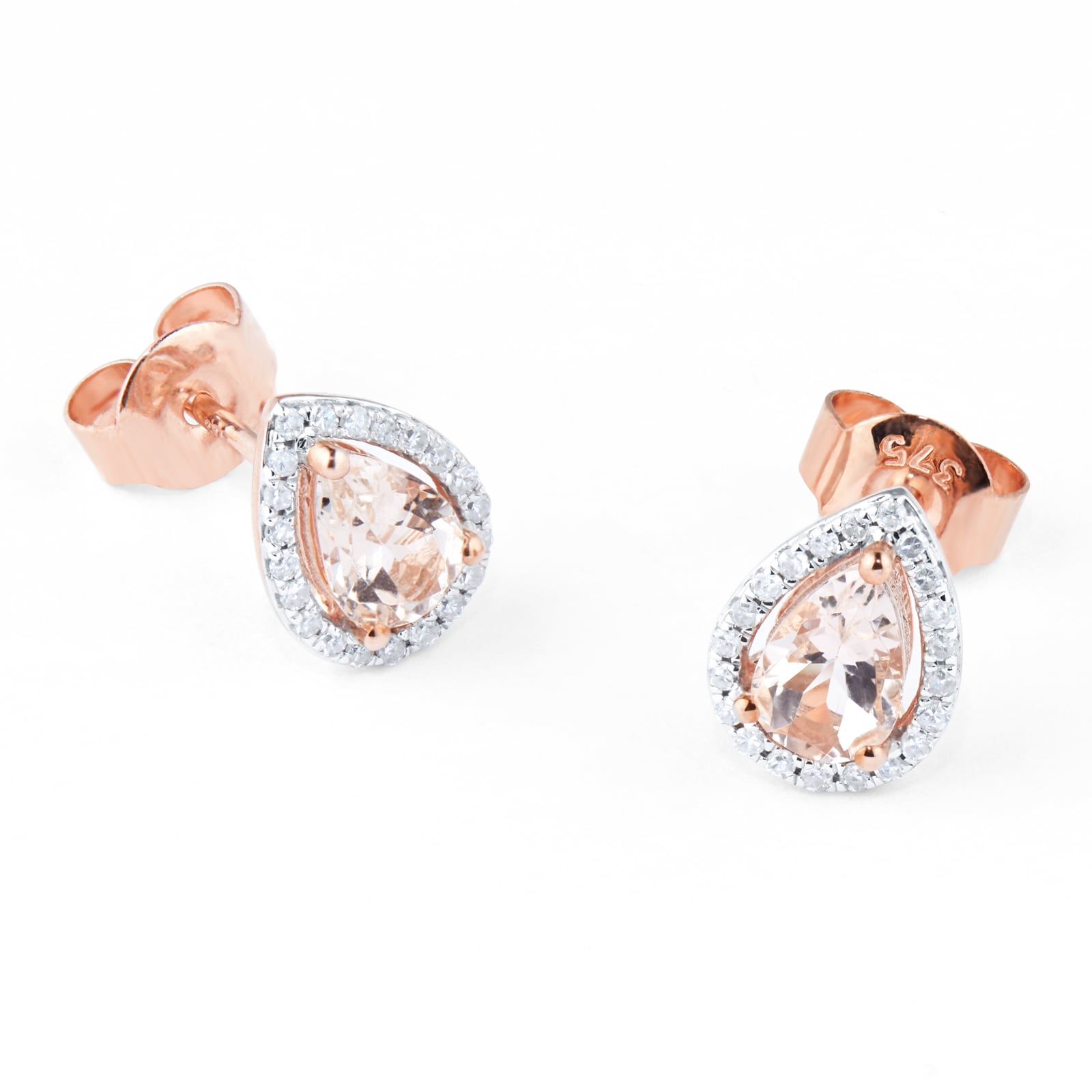 Goldsmiths 9ct Rose Gold Morganite & Diamond 0.13ct Pear Stud Earrings Goldsmiths 9ct Rose Gold Morganite & Diamond 0.13ct Pear Stud Earrings