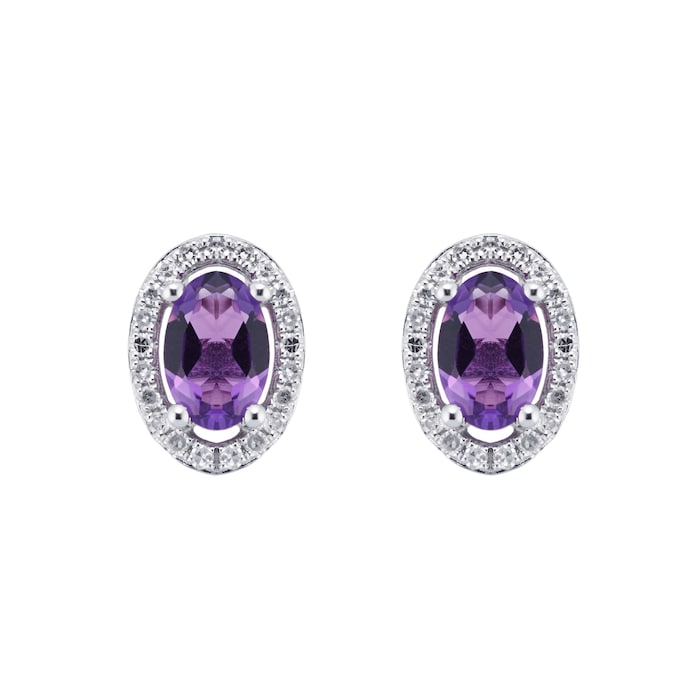 Goldsmiths 9ct White Gold Amethyst & Diamond 0.13ct Oval Studs Earrings