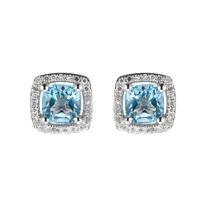 Goldsmiths 9ct White Gold Topaz & Diamond 0.14ct Cushion Stud Earrings