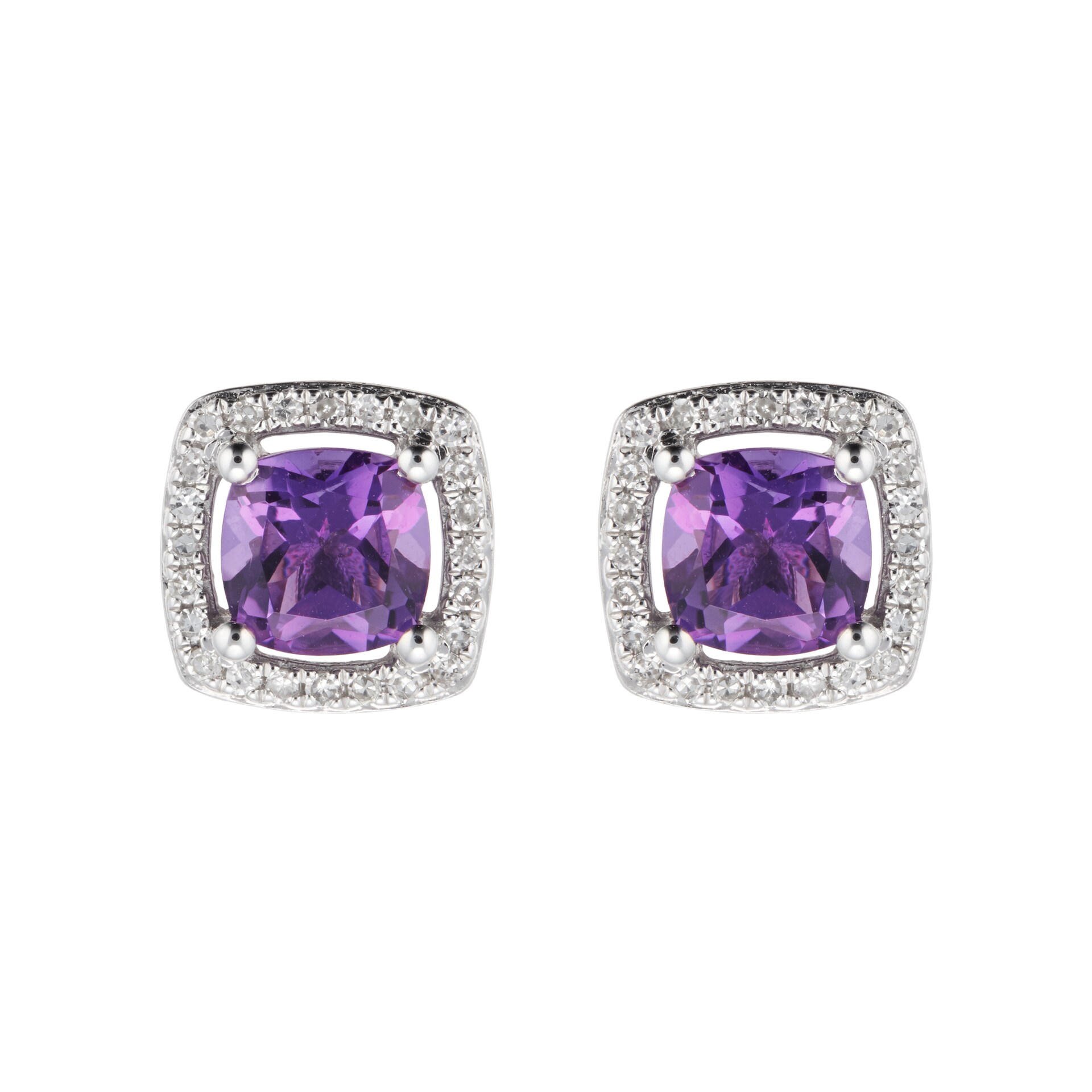 Goldsmiths 9ct White Gold Amethyst & Diamond 0.14ct Cushion Stud Earrings Goldsmiths 9ct White Gold Amethyst & Diamond 0.14ct Cushion Stud Earrings