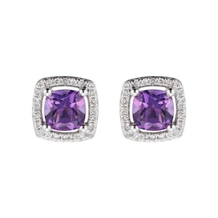 Goldsmiths 9ct White Gold Amethyst & Diamond 0.14ct Cushion Stud Earrings