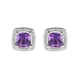 12153037 - 9ct White Gold Amethyst & Diamond 0.14ct Cushion Stud Earrings